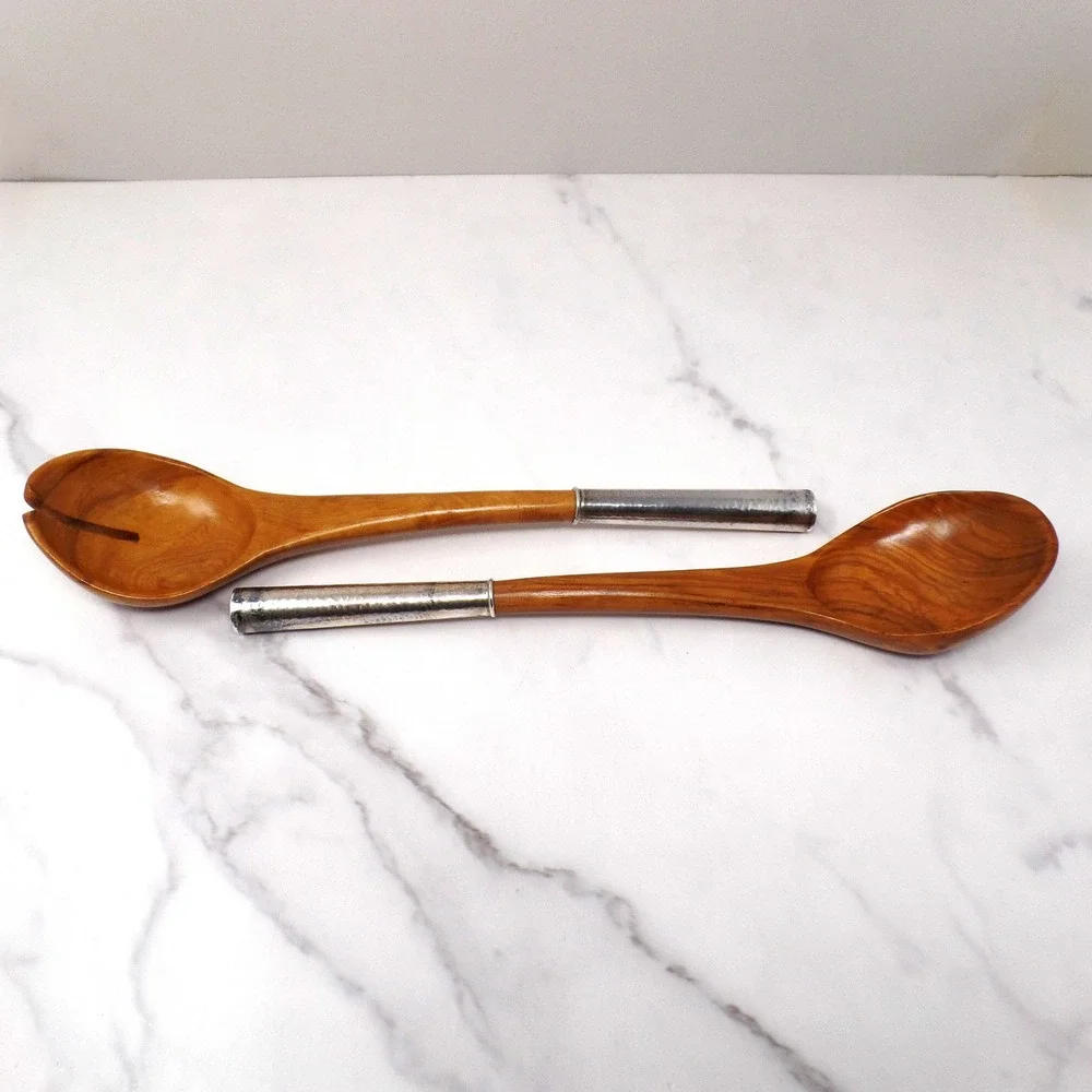 Vintage Peru 925 Sterling Silver Hammered Handle Wood Salad Servers Set 2pc 12in